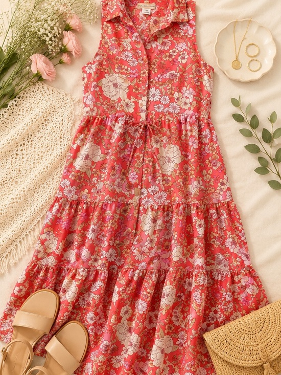 Bog Collective Dresses & Skirts - BOG Collective Coral Floral Tiered Midi Dress Size M Spring